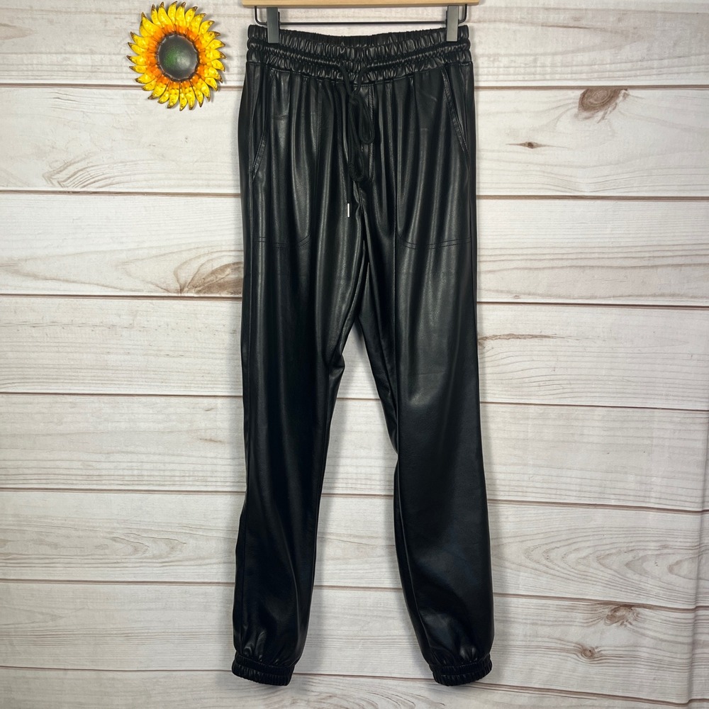 Noli Yoga Womens Black Faux Leather Joggers Smocked Waist Drawstring Pants Small